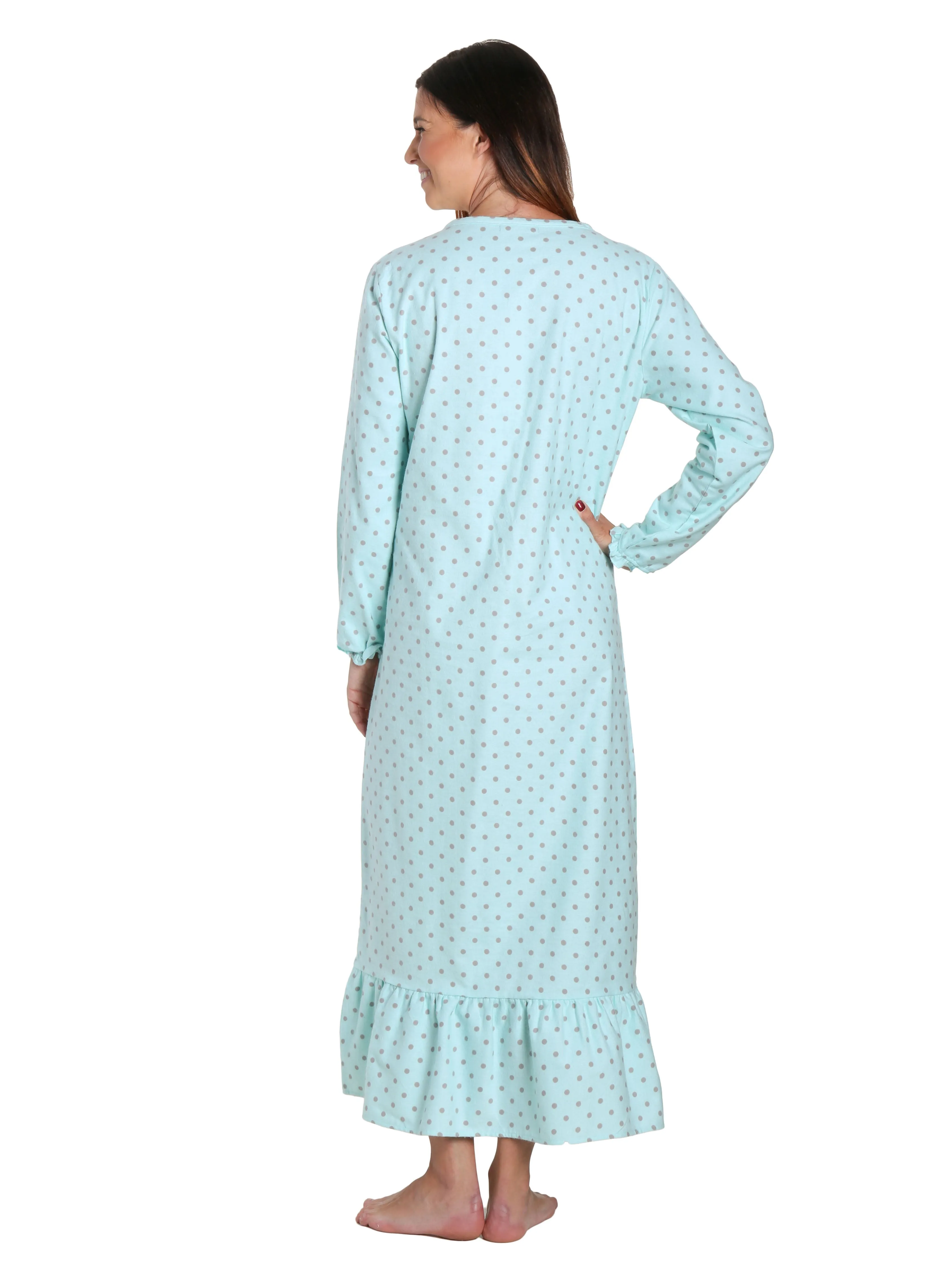 Women's Premium Flannel Long Gown - Dots Diva Aqua-Gray