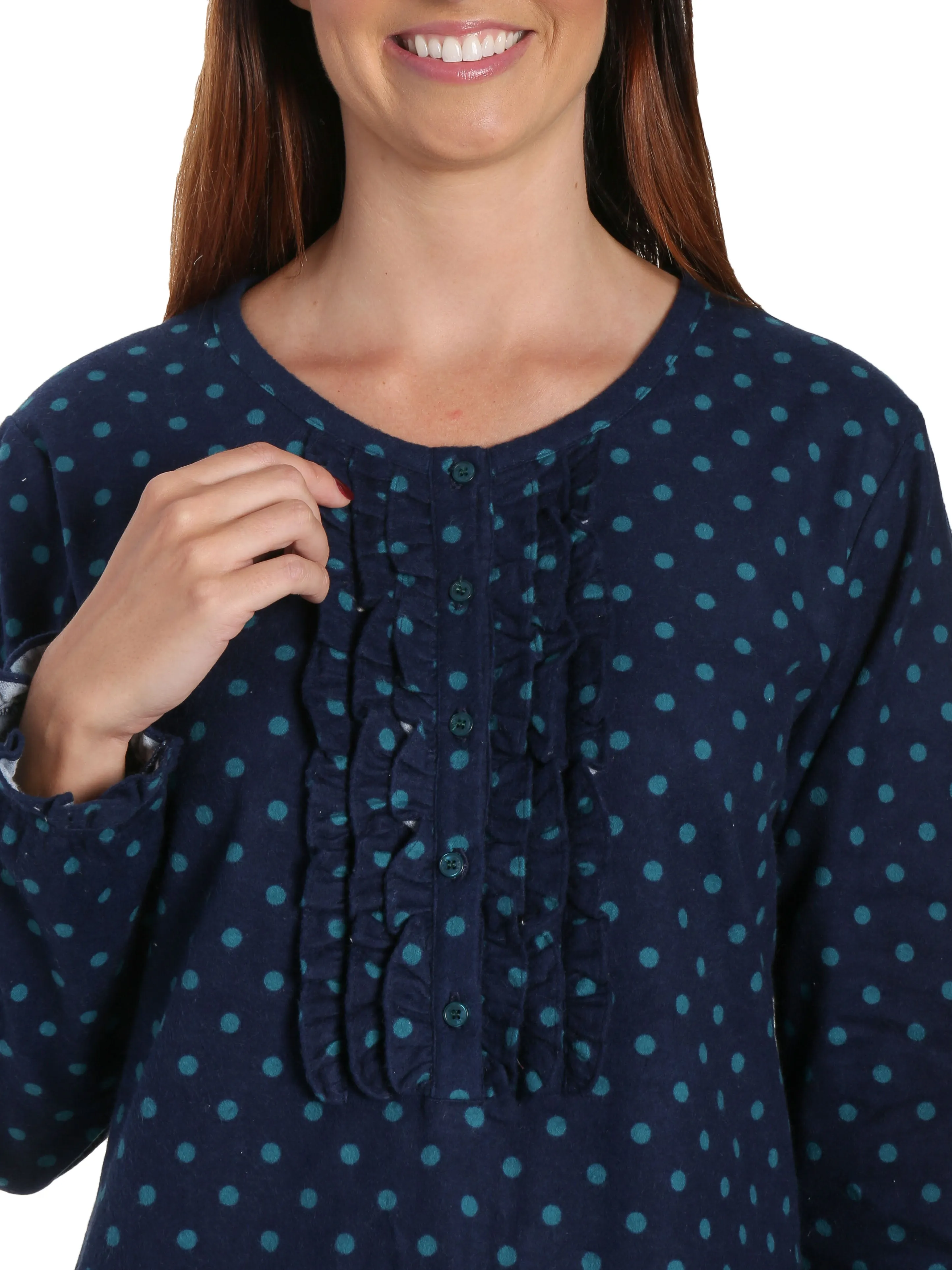 Women's Premium Flannel Long Gown - Dots Diva Blue
