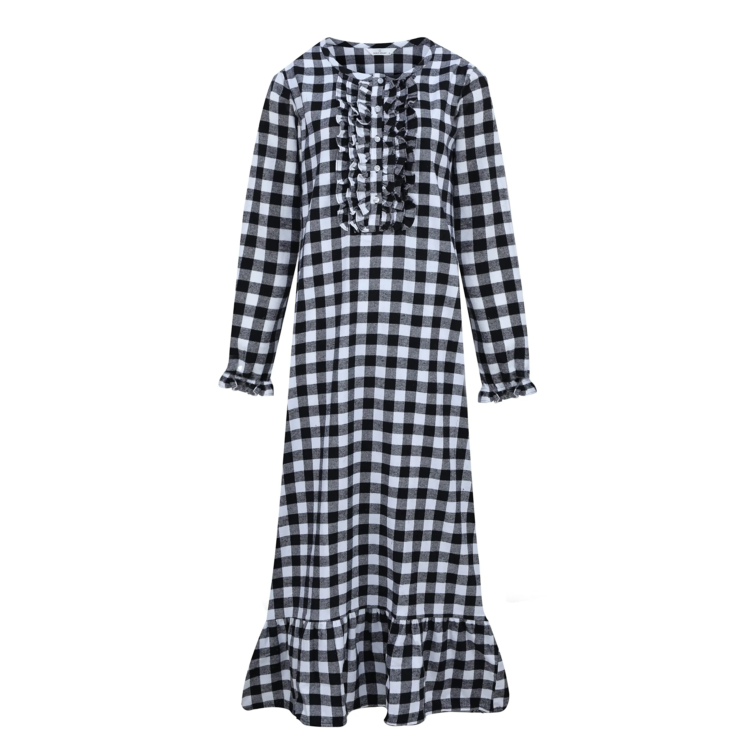 Women's Premium Flannel Long Gown - Gingham Black-White