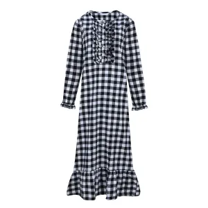 Women's Premium Flannel Long Gown - Gingham Black-White