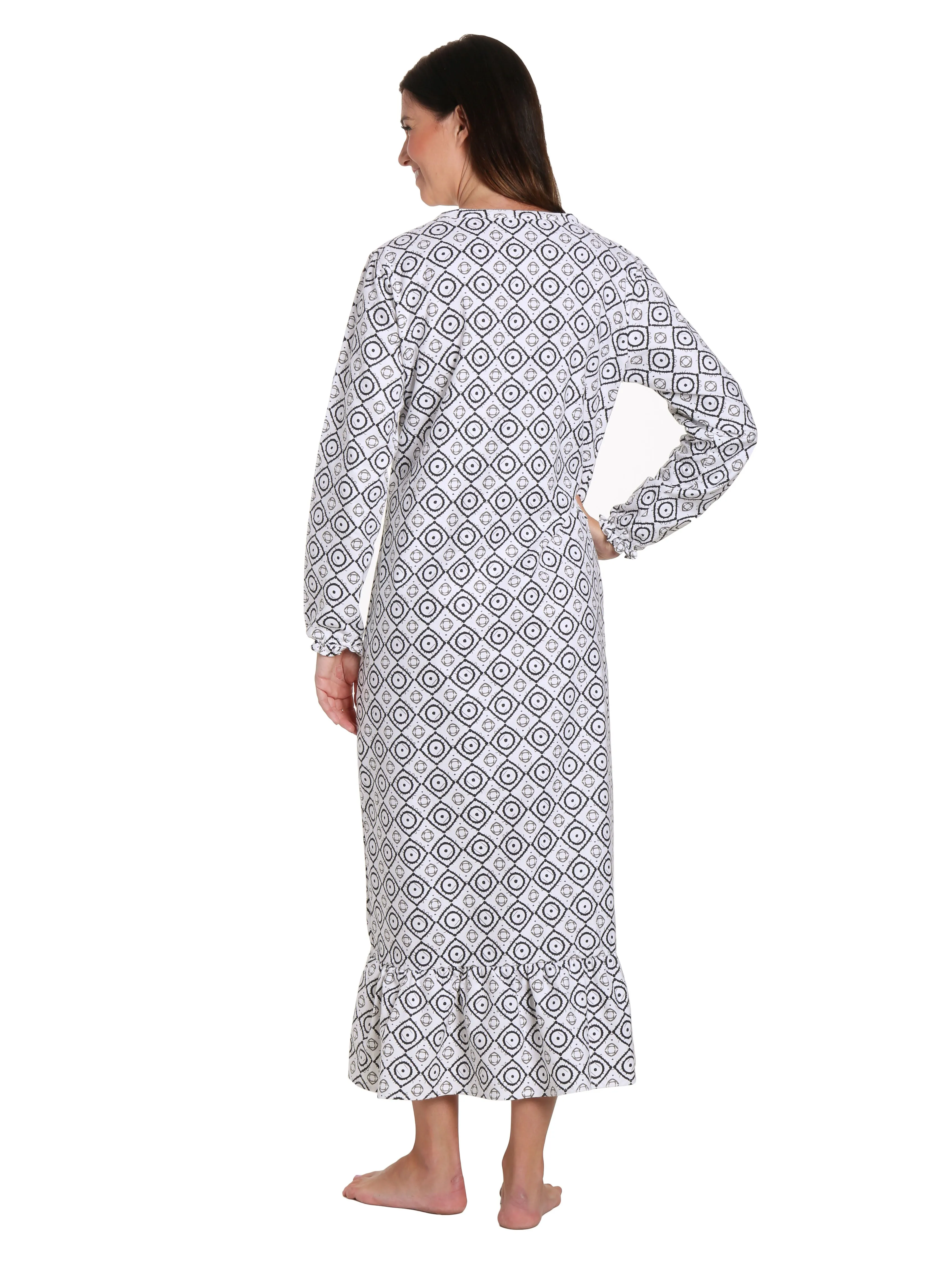 Women's Premium Flannel Long Gown - Moroccan White-Black