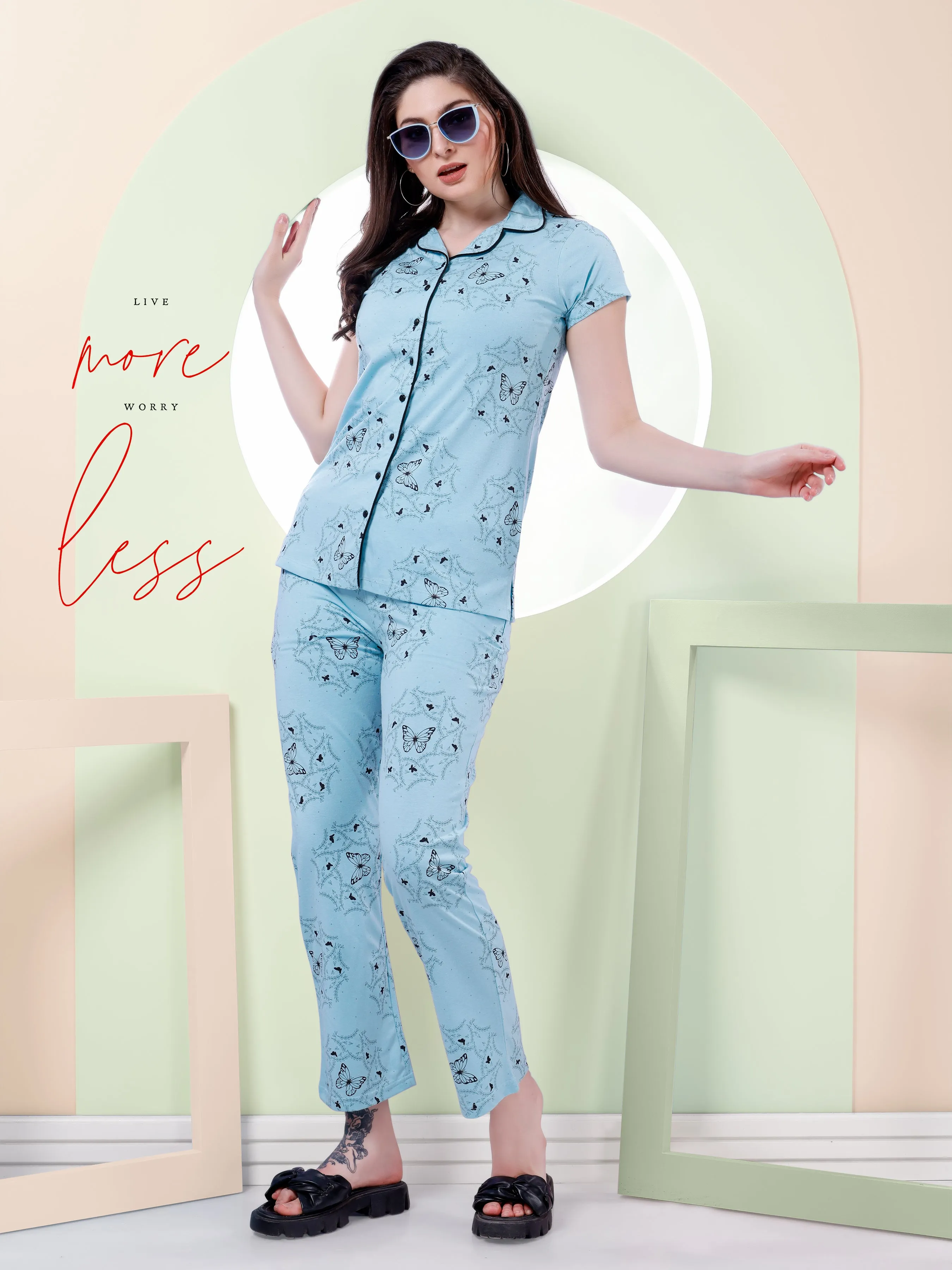 Women's Printed Nightsuit with Button Placket & Piping