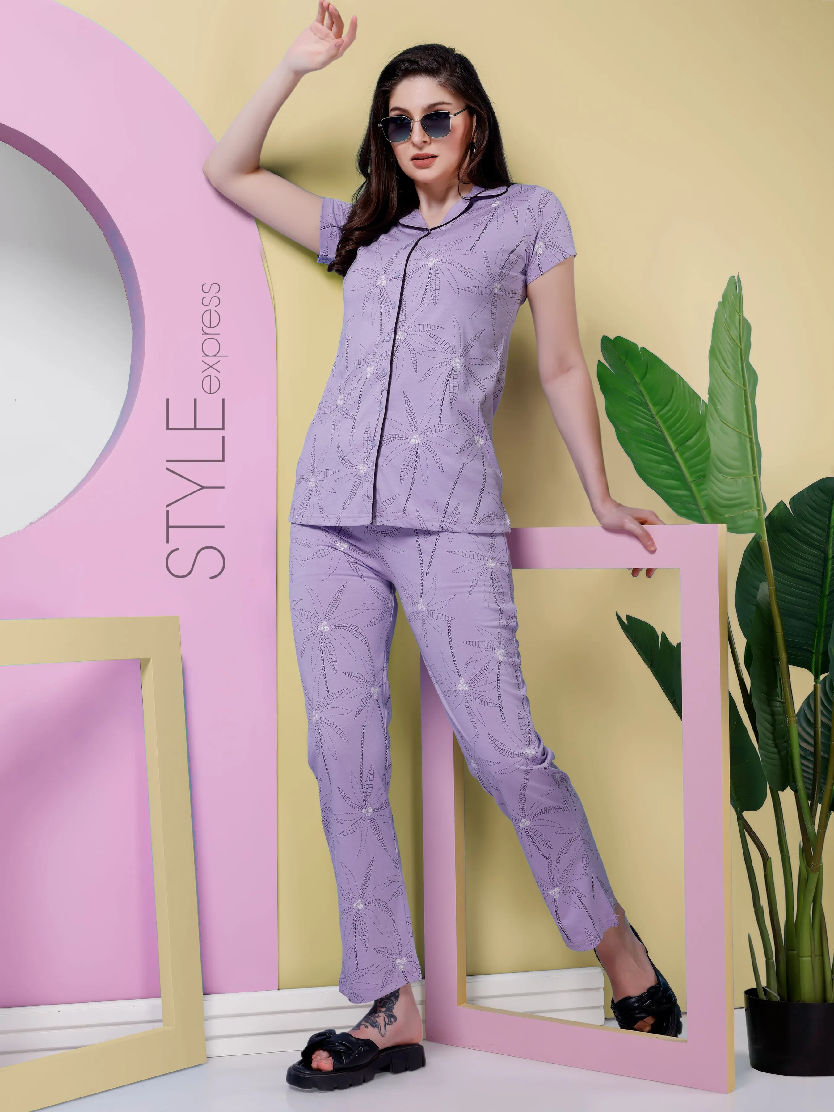 Women's Printed Nightsuit with Button Placket & Piping
