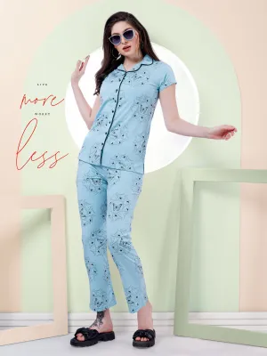 Women's Printed Nightsuit with Button Placket & Piping