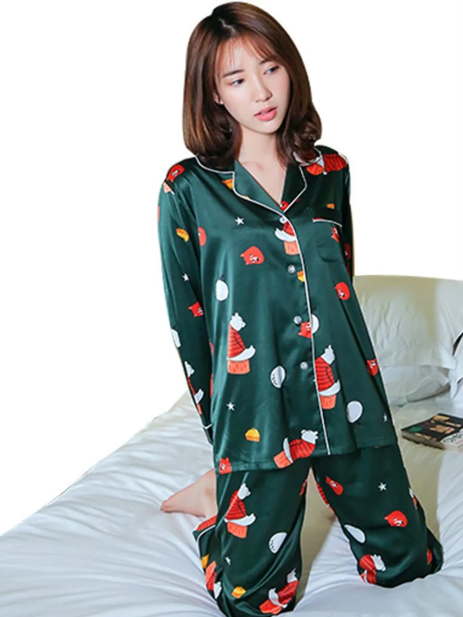 Women's printed silk pajamas set long-sleeved trousers ice silk casual homewear.