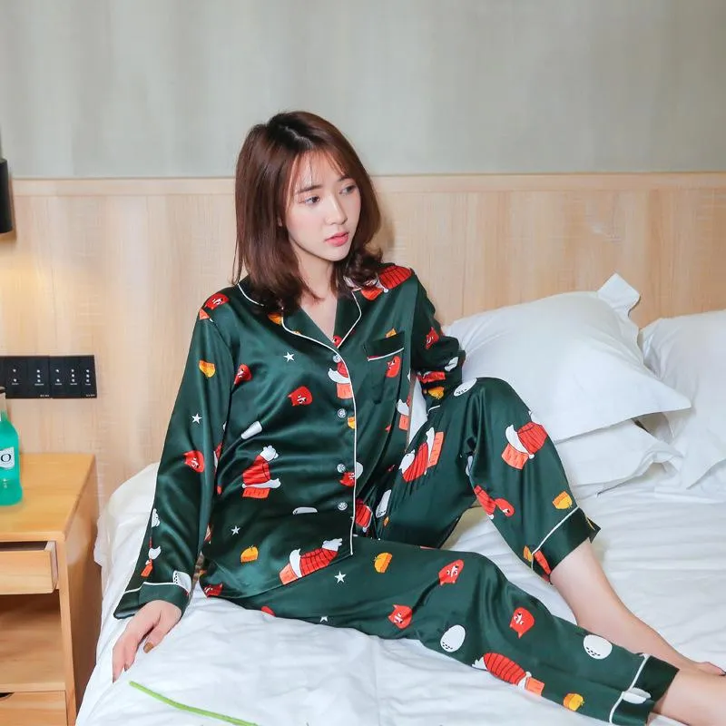 Women's printed silk pajamas set long-sleeved trousers ice silk casual homewear.