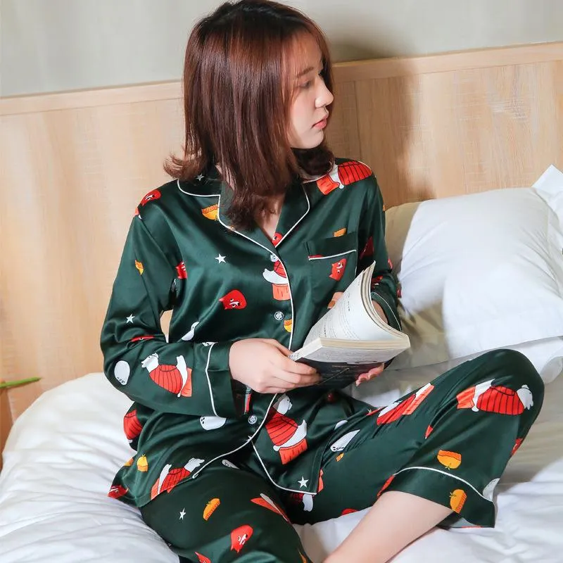 Women's printed silk pajamas set long-sleeved trousers ice silk casual homewear.