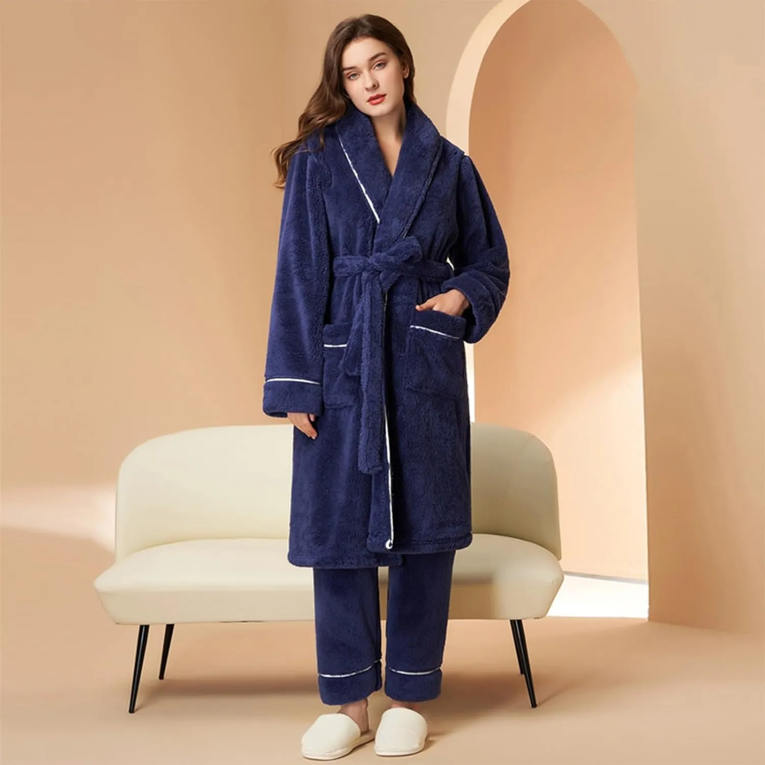 Womens Robe Solid Color Pajama Border Bathrobe Autumn and Winter Thickened Pajama Long Women'S Bathrobe Cotton