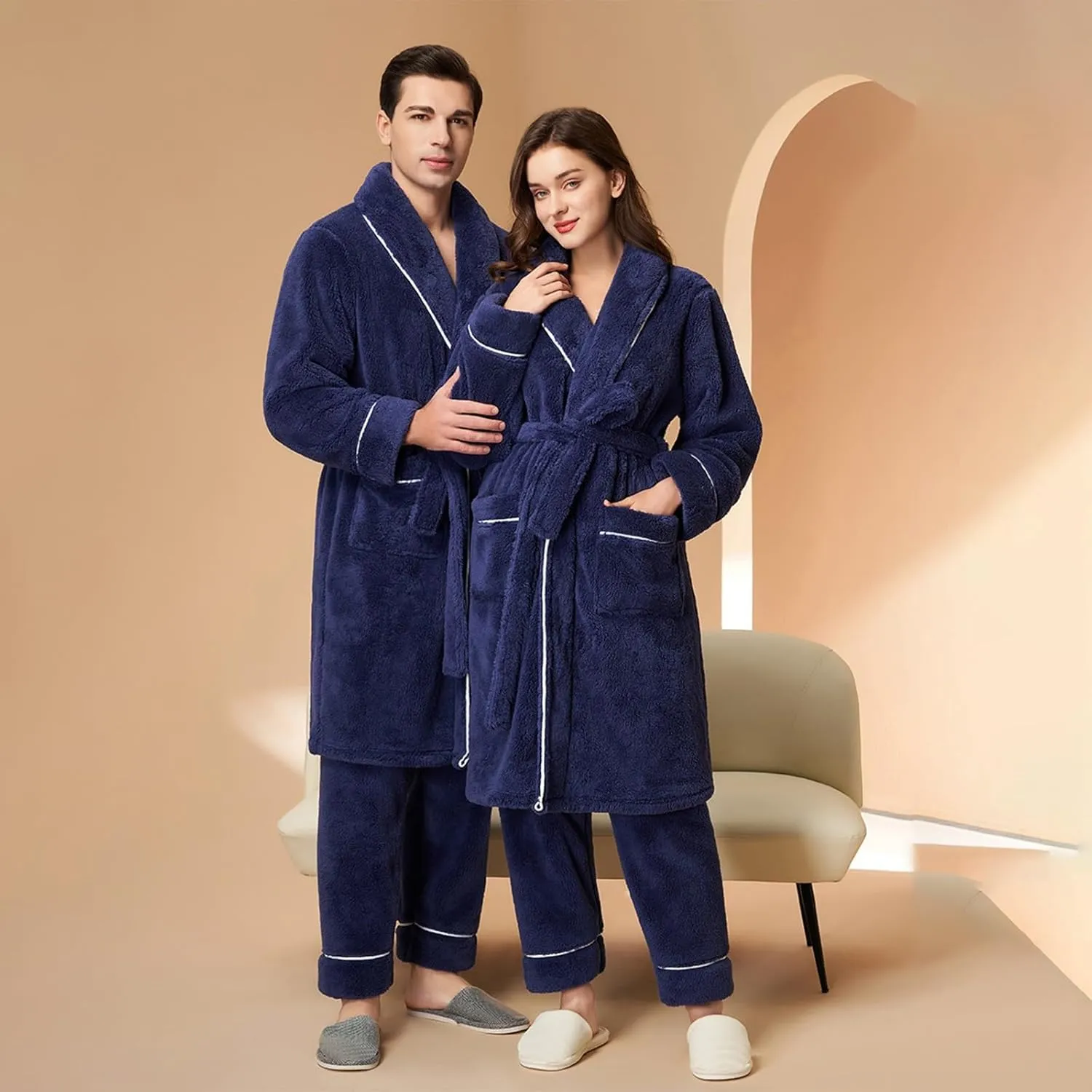 Womens Robe Solid Color Pajama Border Bathrobe Autumn and Winter Thickened Pajama Long Women'S Bathrobe Cotton