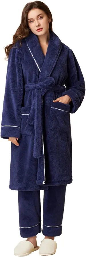Womens Robe Solid Color Pajama Border Bathrobe Autumn and Winter Thickened Pajama Long Women'S Bathrobe Cotton