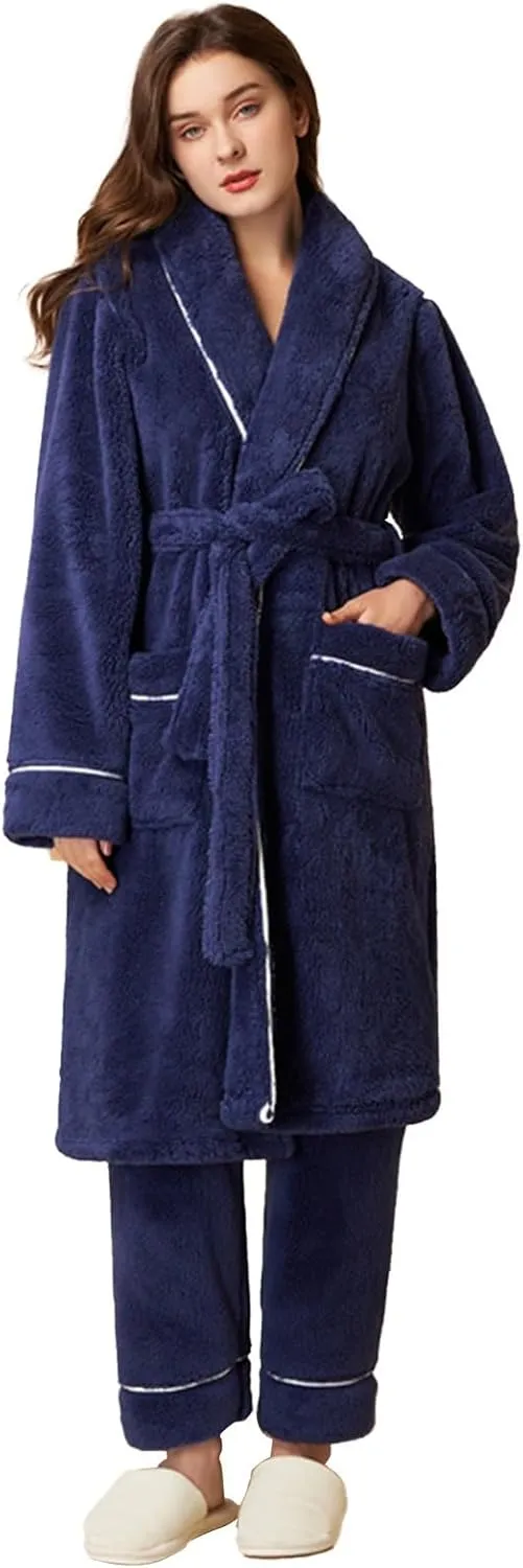 Womens Robe Solid Color Pajama Border Bathrobe Autumn and Winter Thickened Pajama Long Women'S Bathrobe Cotton