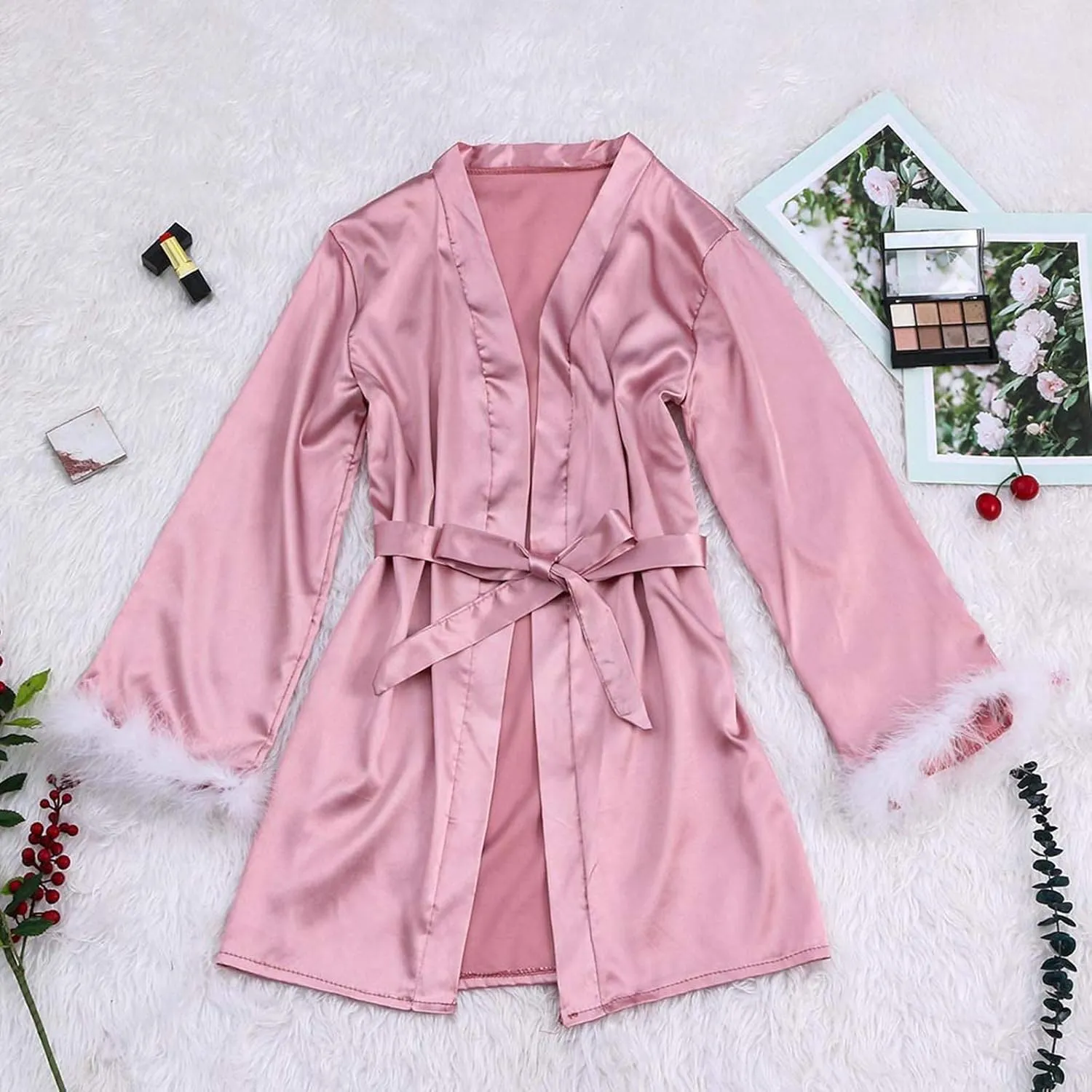 Womens Robes Lightweight Robes 3/4 Sleeves Knit Soft Loungewear Short Bathrobe Bridal Nightwear V-Neck Sleepwear