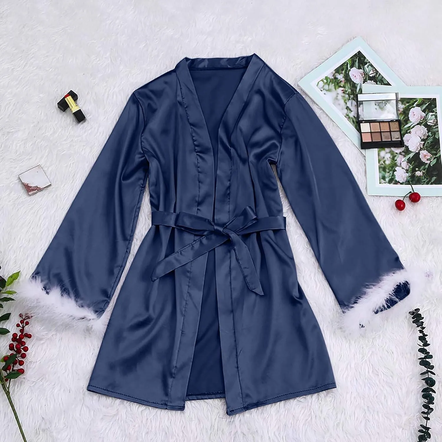 Womens Robes Lightweight Robes 3/4 Sleeves Knit Soft Loungewear Short Bathrobe Bridal Nightwear V-Neck Sleepwear