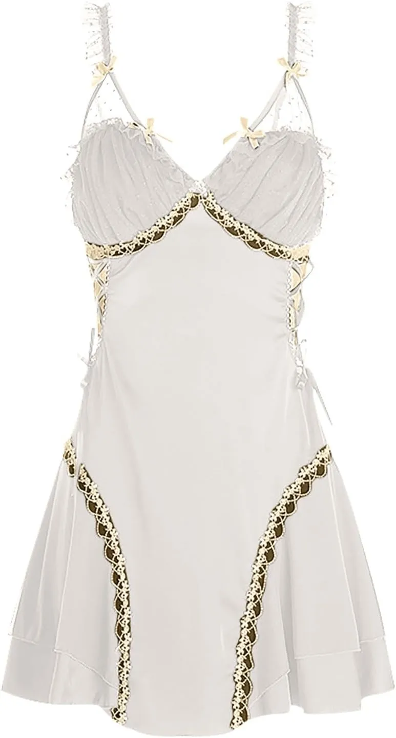 Women's Ruffle Lace Trim Satin Camisole Nightgown Sexy V Neck Spaghetti Strap Chemise Summer Nightdress Sleepwear