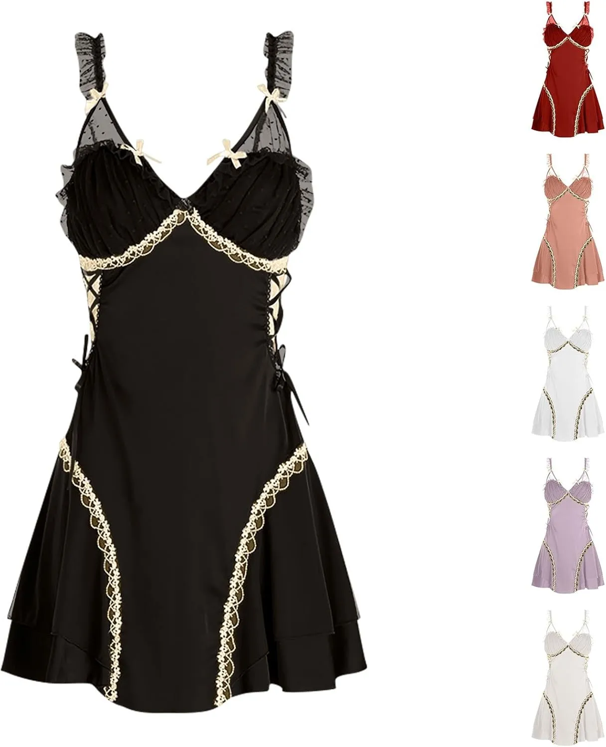 Women's Ruffle Lace Trim Satin Camisole Nightgown Sexy V Neck Spaghetti Strap Chemise Summer Nightdress Sleepwear
