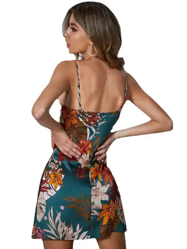 Women’s satin retro printed slim camisole dress
