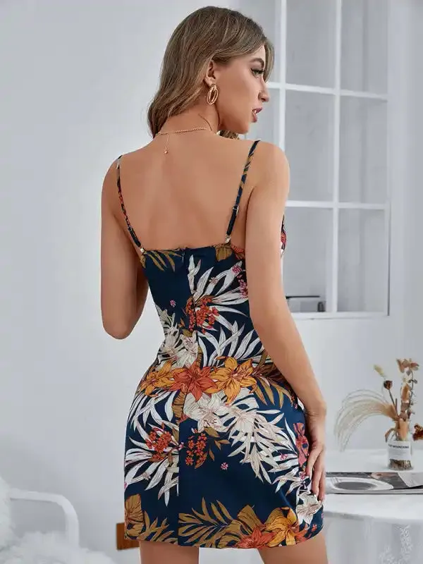 Women’s satin retro printed slim camisole dress