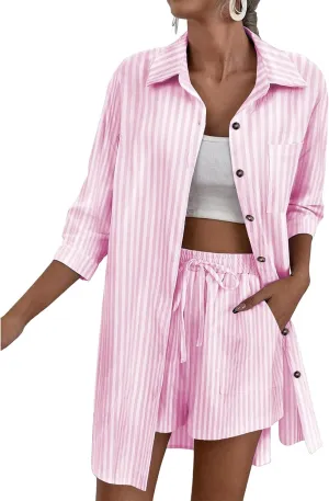 Womens Sets 2 Piece Outfits Summer Button Down 3/4 Sleeve Shirt Tops Drawstring Shorts with Pockets Casual Tracksuit