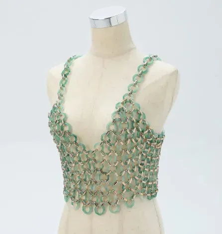 Women’s Sexy Beaded Pearl Cami Top - Exaggerated Multi-Layer Halterneck Backless Bra