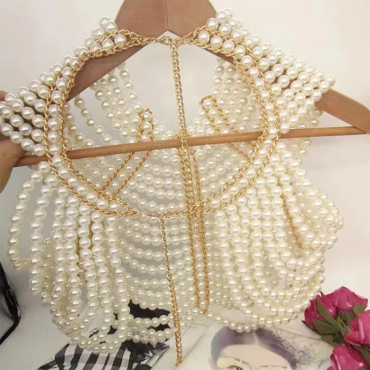 Women’s Sexy Beaded Pearl Cami Top - Exaggerated Multi-Layer Halterneck Backless Bra