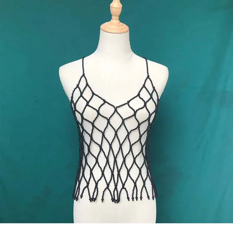 Women’s Sexy Beaded Pearl Cami Top - Exaggerated Multi-Layer Halterneck Backless Bra