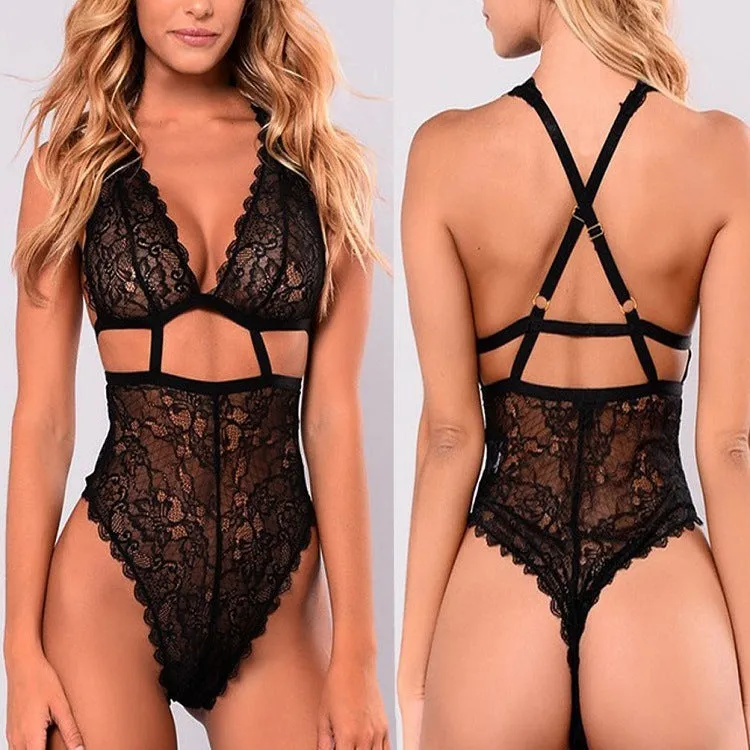 Women's Sexy Hollow and Plus Size High Waist Backless Lingerie, V-Neck Sleepwear