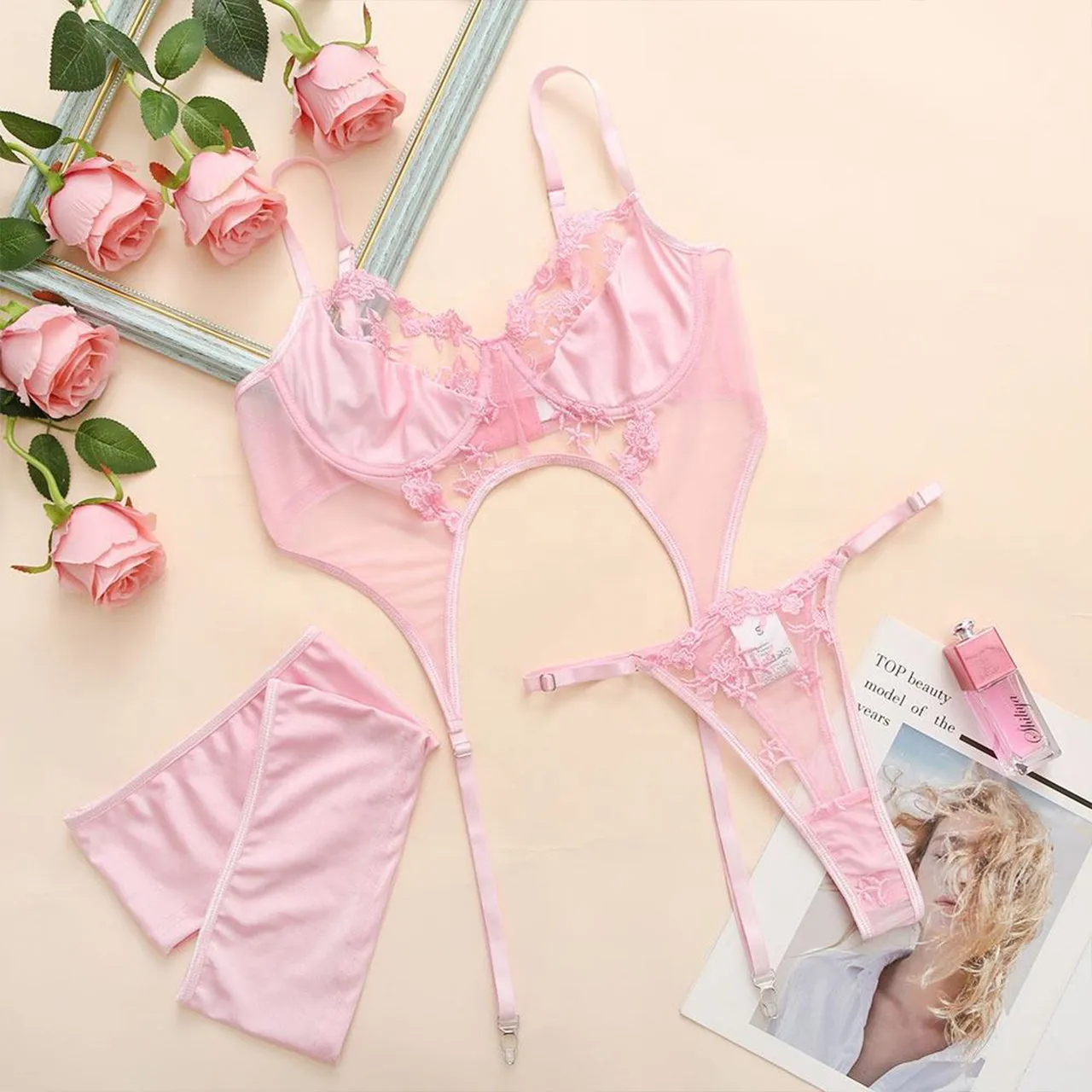 Women's Sexy Lingerie Set with Garter Belt Matching Bra and Panty 4 Piece