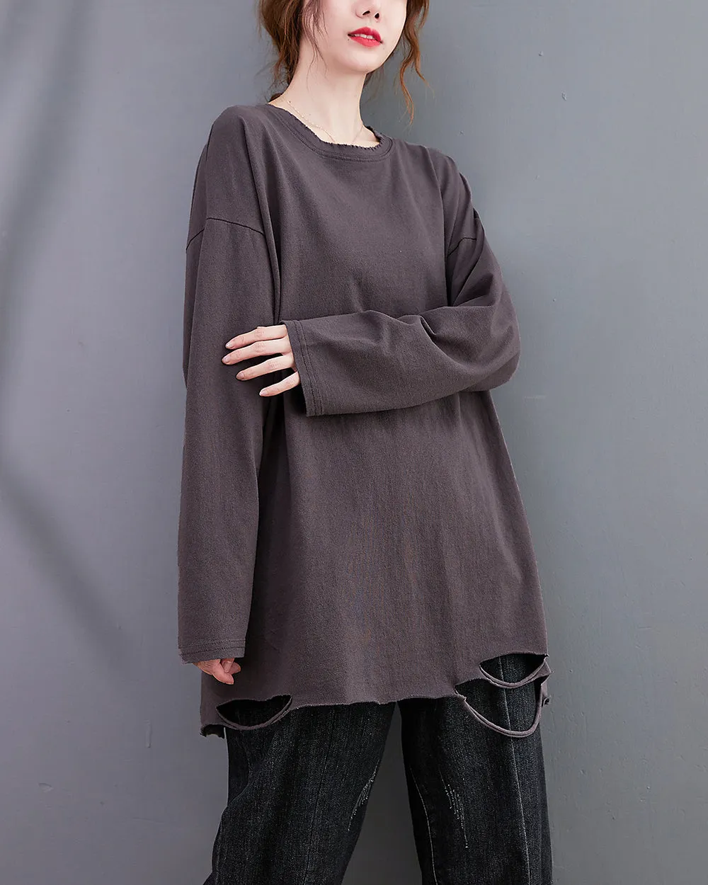Women's Shirt Crewneck Long Sleeve Solid Color Flowy Irregular Hem Top Loose Oversize GA2768