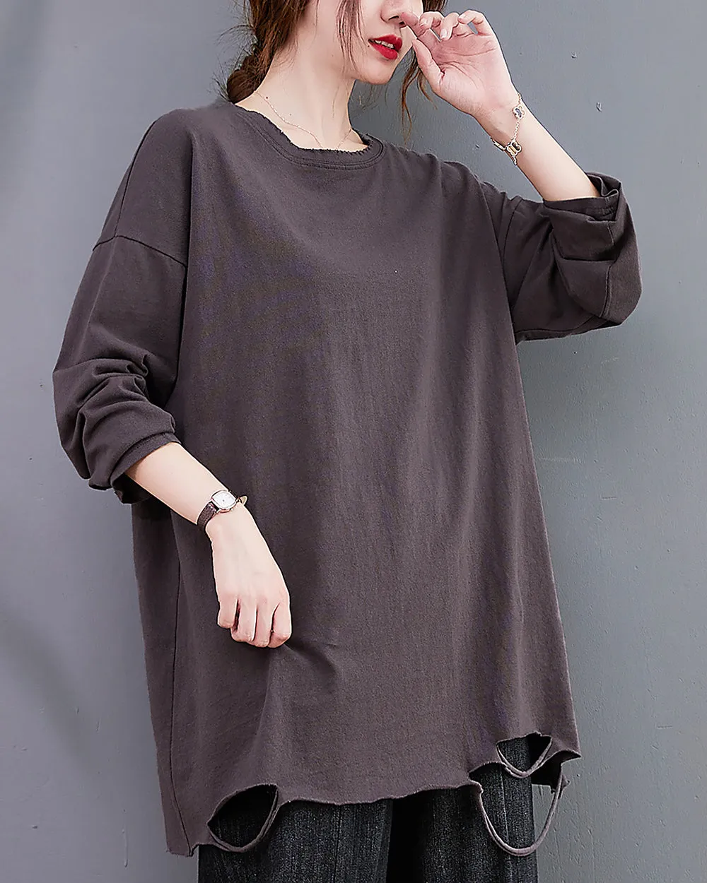 Women's Shirt Crewneck Long Sleeve Solid Color Flowy Irregular Hem Top Loose Oversize GA2768
