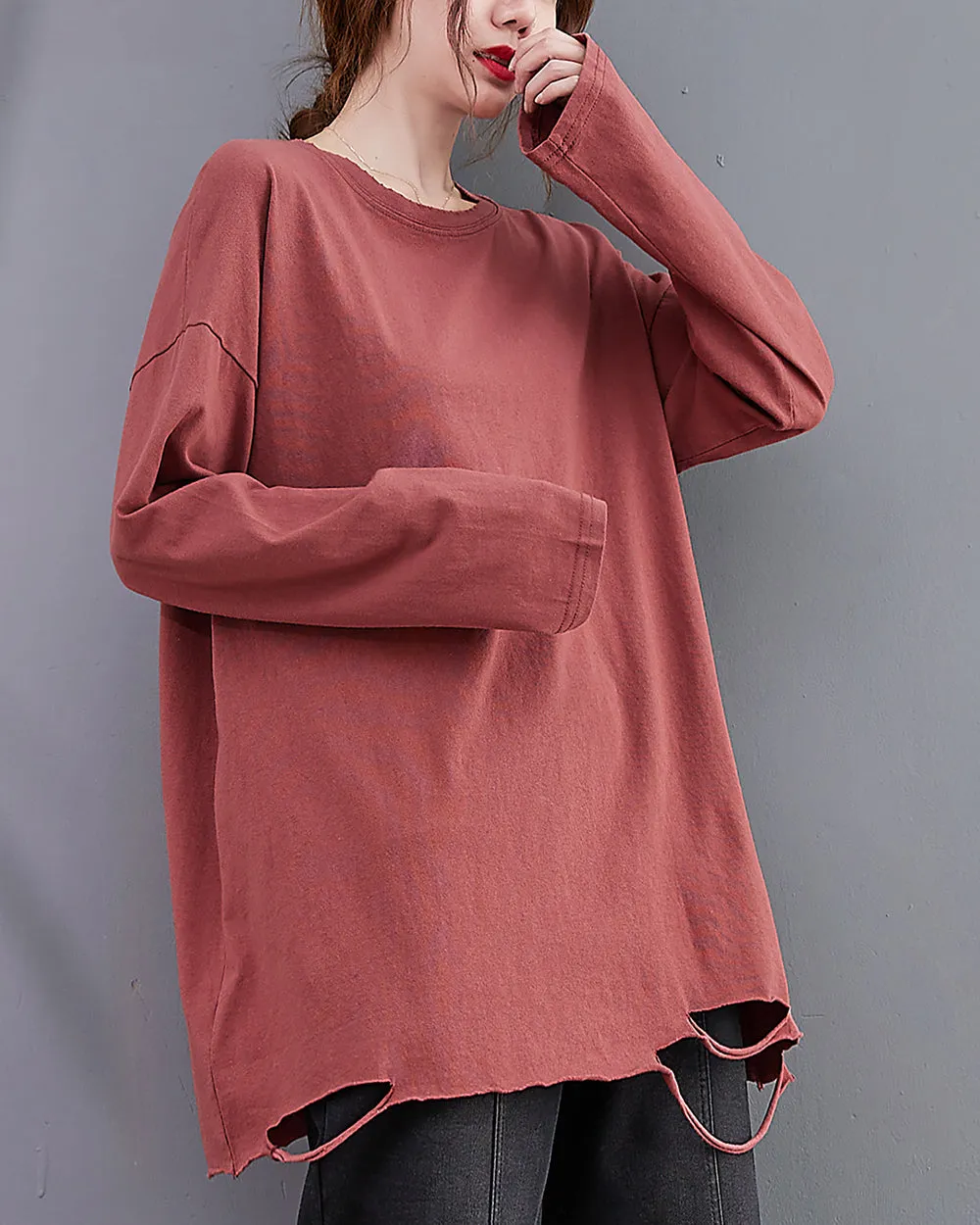 Women's Shirt Crewneck Long Sleeve Solid Color Flowy Irregular Hem Top Loose Oversize GA2768