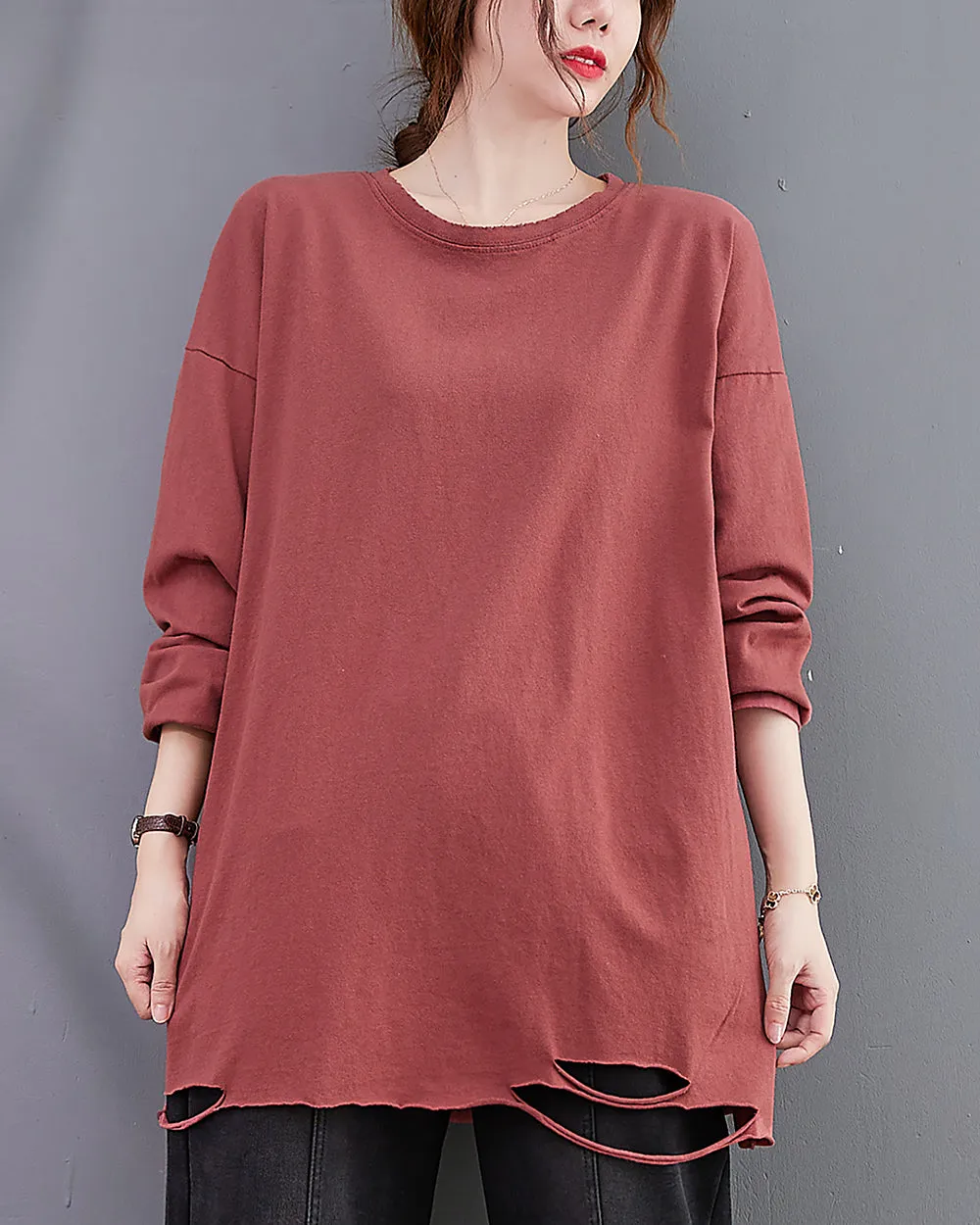 Women's Shirt Crewneck Long Sleeve Solid Color Flowy Irregular Hem Top Loose Oversize GA2768