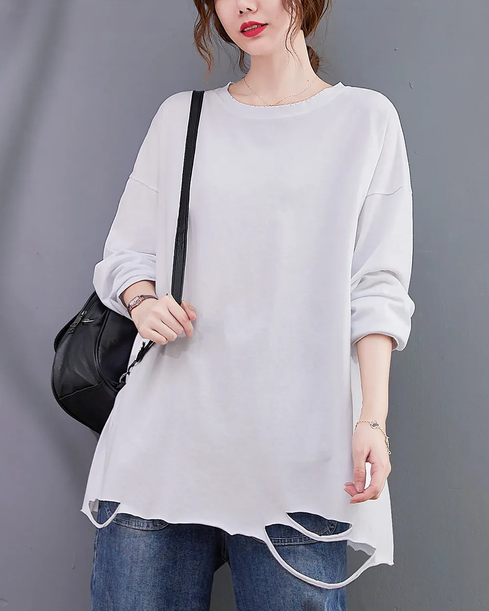 Women's Shirt Crewneck Long Sleeve Solid Color Flowy Irregular Hem Top Loose Oversize GA2768