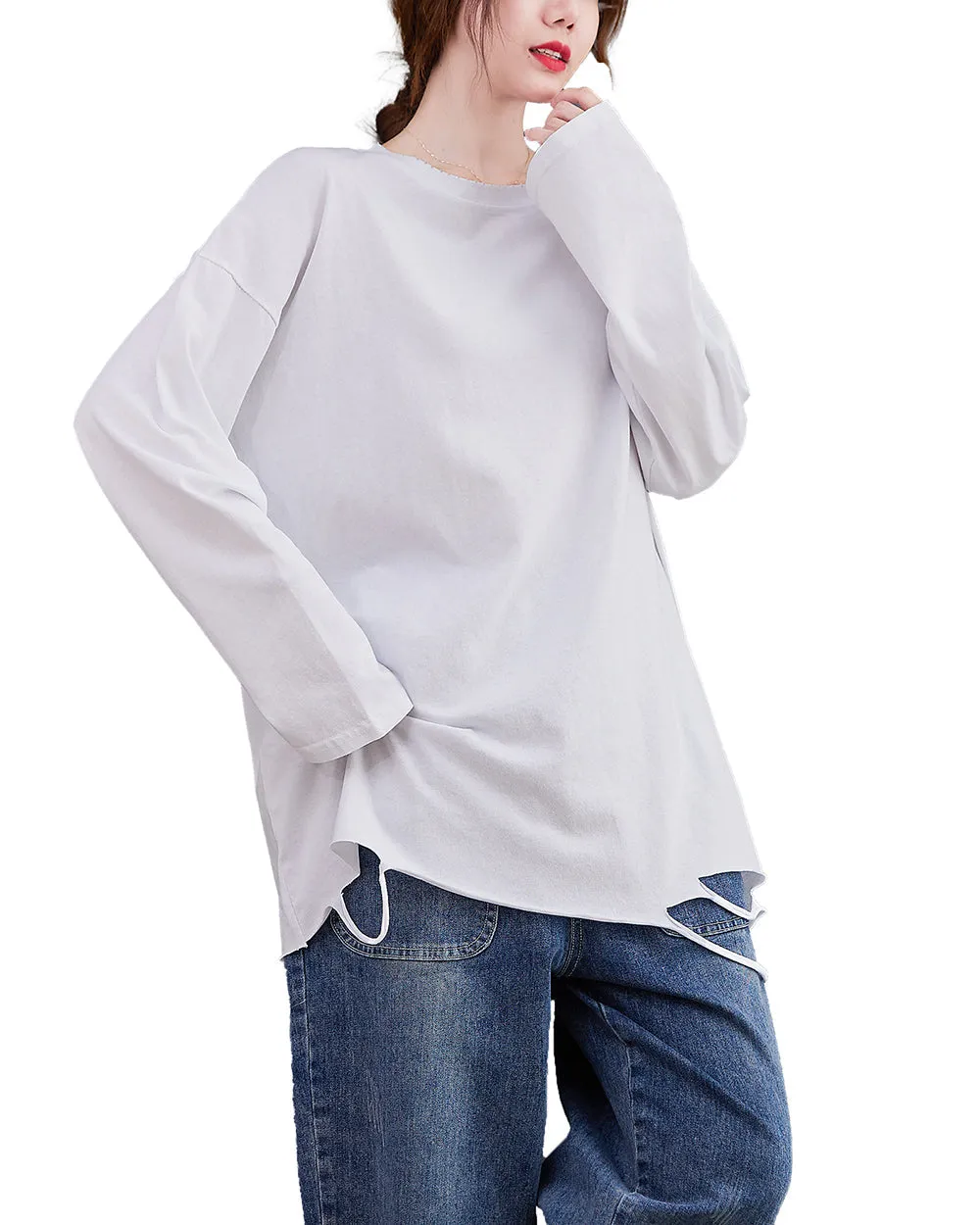 Women's Shirt Crewneck Long Sleeve Solid Color Flowy Irregular Hem Top Loose Oversize GA2768