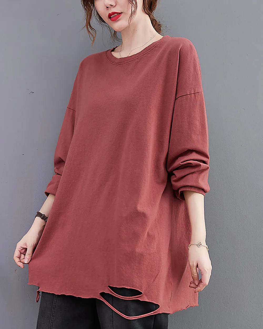 Women's Shirt Crewneck Long Sleeve Solid Color Flowy Irregular Hem Top Loose Oversize GA2768