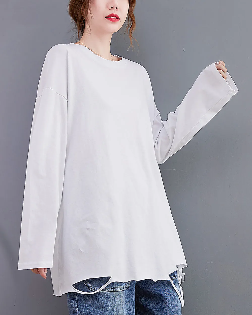 Women's Shirt Crewneck Long Sleeve Solid Color Flowy Irregular Hem Top Loose Oversize GA2768