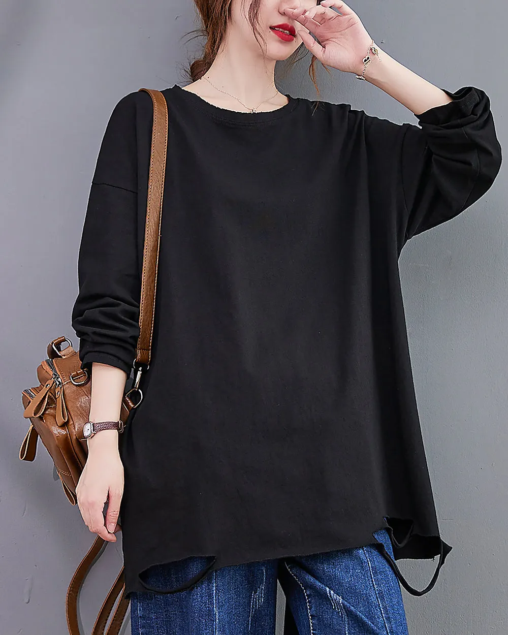 Women's Shirt Crewneck Long Sleeve Solid Color Flowy Irregular Hem Top Loose Oversize GA2768