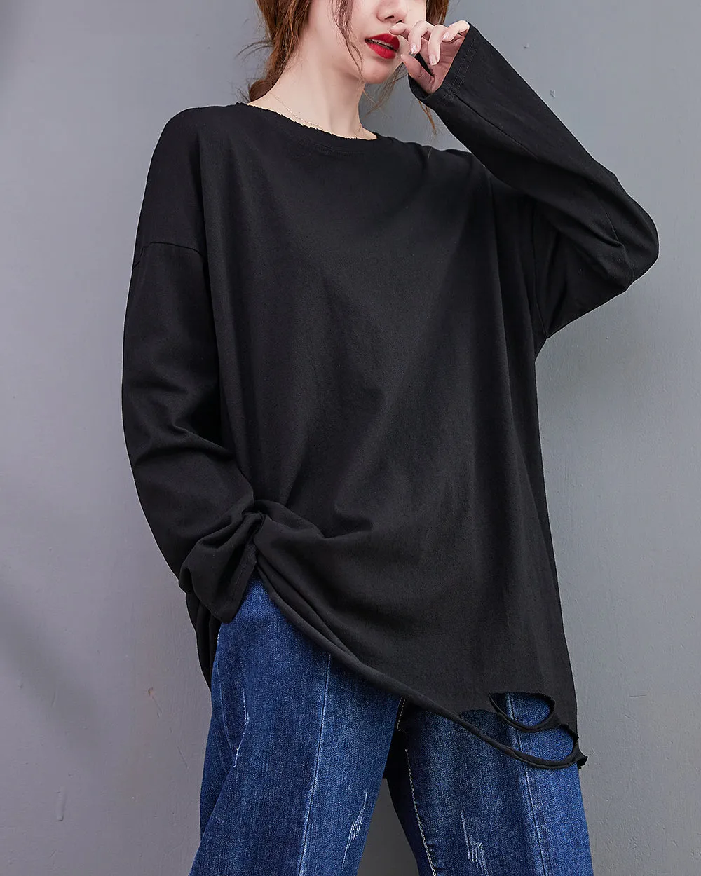 Women's Shirt Crewneck Long Sleeve Solid Color Flowy Irregular Hem Top Loose Oversize GA2768