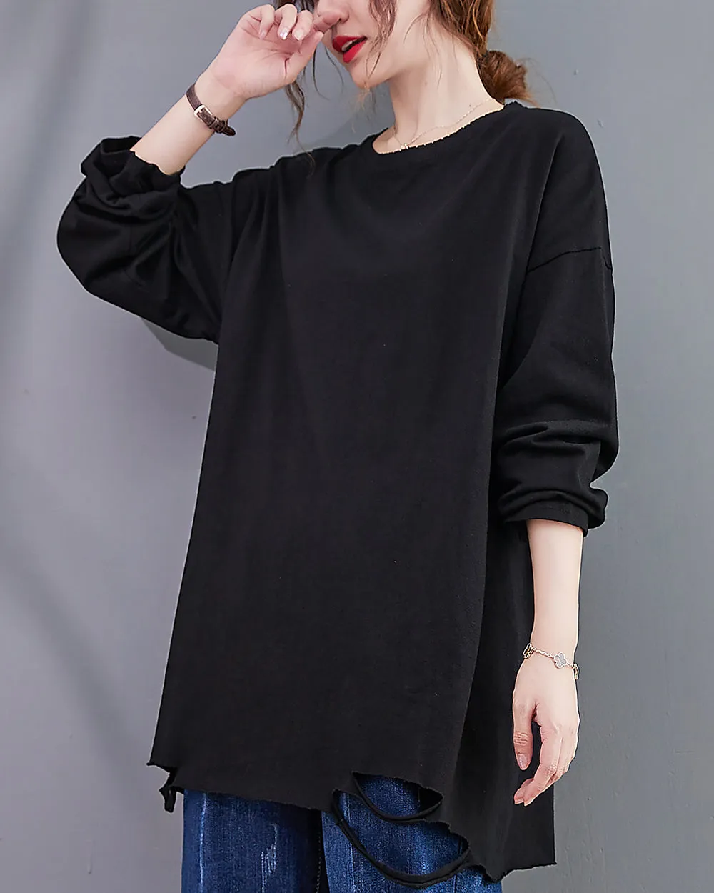 Women's Shirt Crewneck Long Sleeve Solid Color Flowy Irregular Hem Top Loose Oversize GA2768