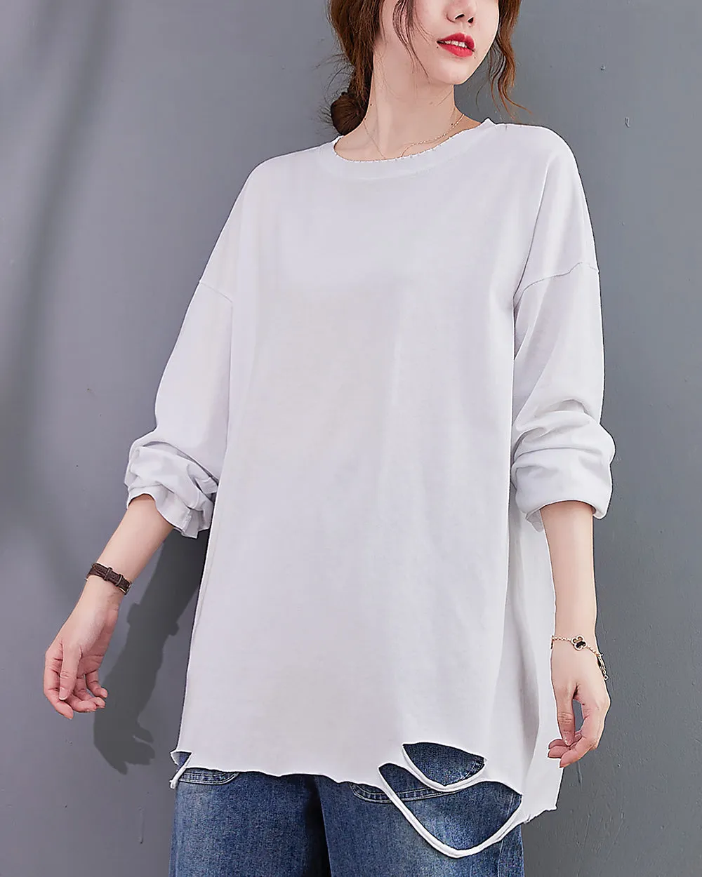 Women's Shirt Crewneck Long Sleeve Solid Color Flowy Irregular Hem Top Loose Oversize GA2768