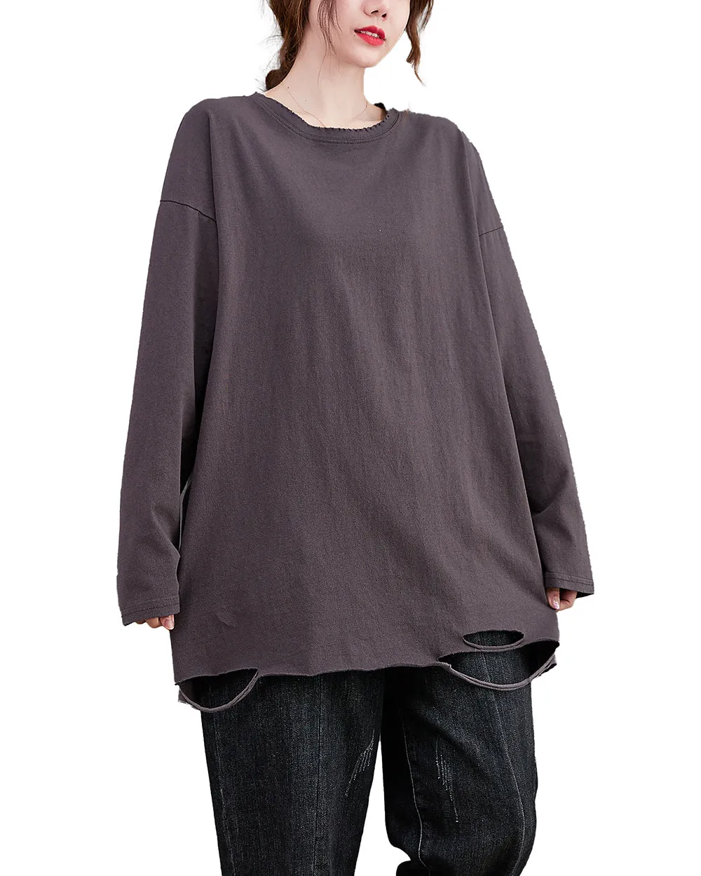 Women's Shirt Crewneck Long Sleeve Solid Color Flowy Irregular Hem Top Loose Oversize GA2768