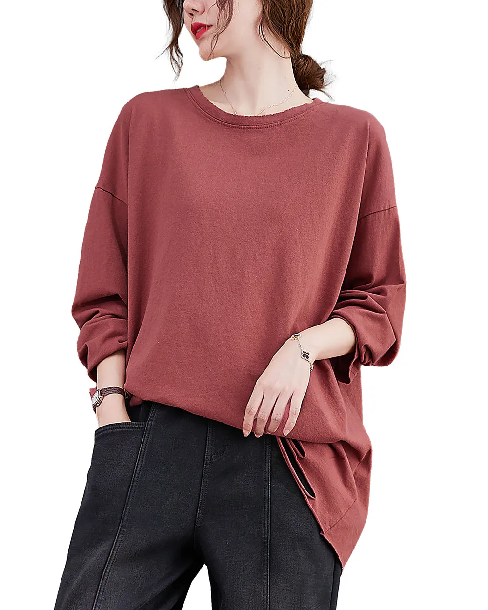 Women's Shirt Crewneck Long Sleeve Solid Color Flowy Irregular Hem Top Loose Oversize GA2768