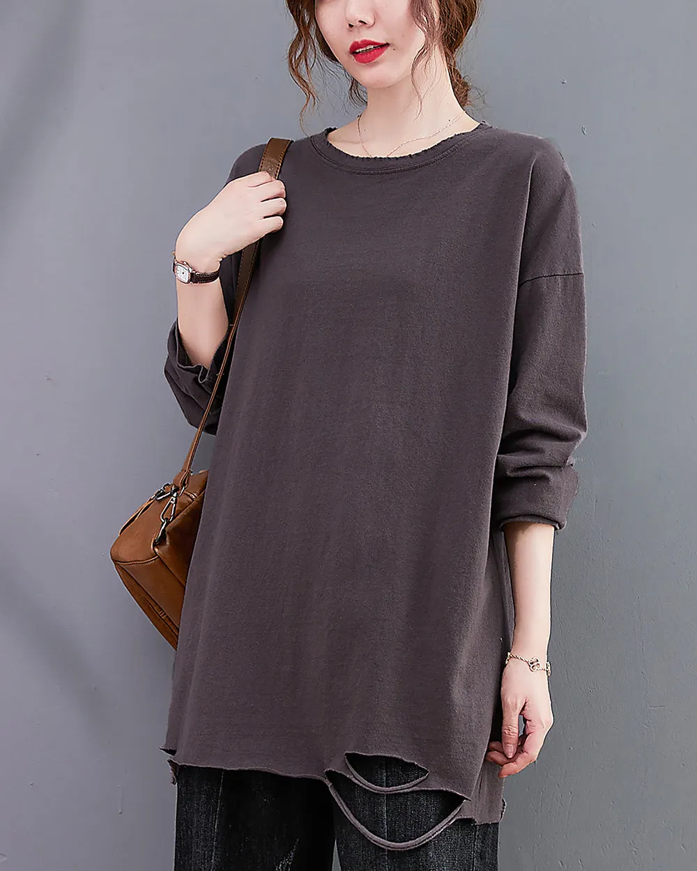 Women's Shirt Crewneck Long Sleeve Solid Color Flowy Irregular Hem Top Loose Oversize GA2768
