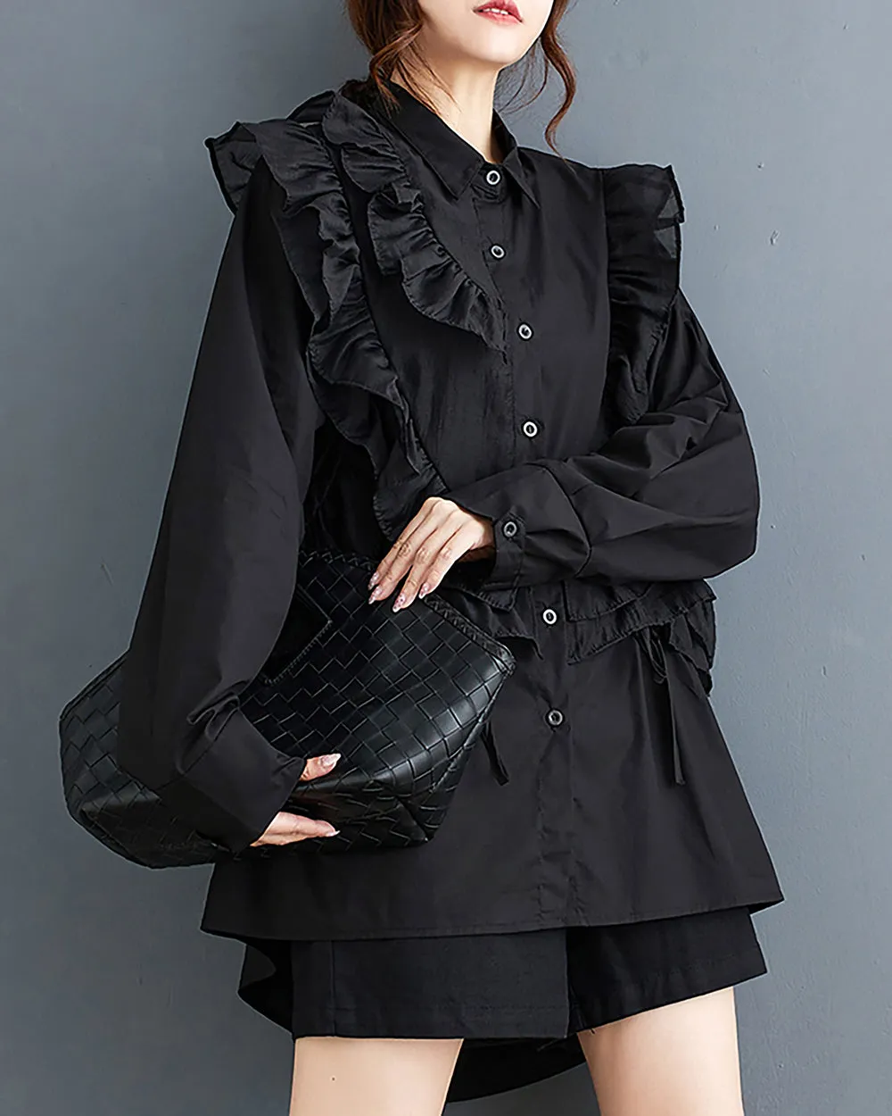 Women's Shirt Lapel Button Down Long Sleeve Flowy Hem Solid Color Lace Loose Oversize Fall GZ281