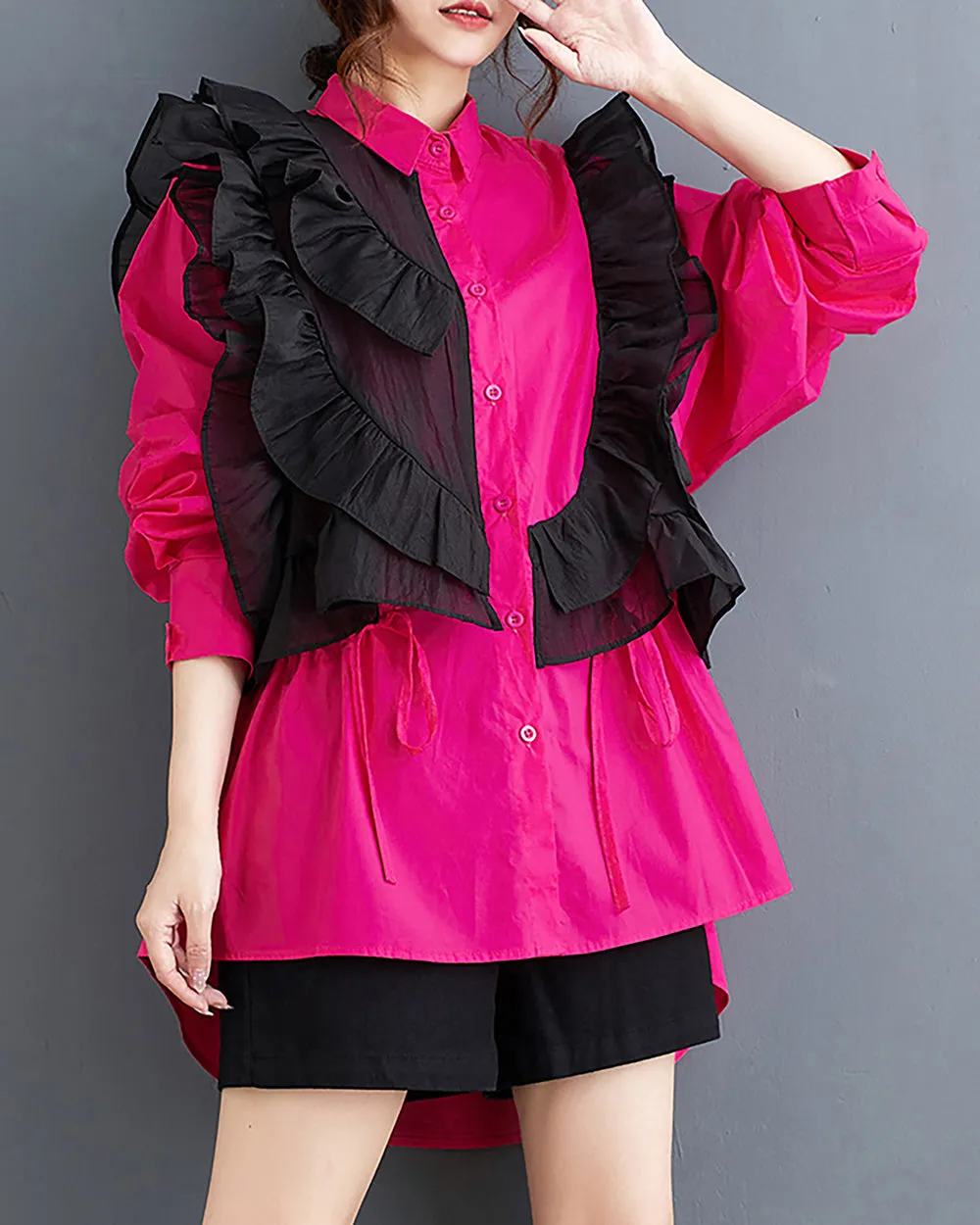 Women's Shirt Lapel Button Down Long Sleeve Flowy Hem Solid Color Lace Loose Oversize Fall GZ281