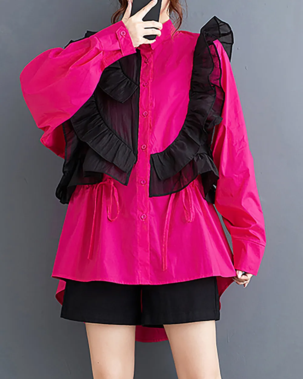 Women's Shirt Lapel Button Down Long Sleeve Flowy Hem Solid Color Lace Loose Oversize Fall GZ281