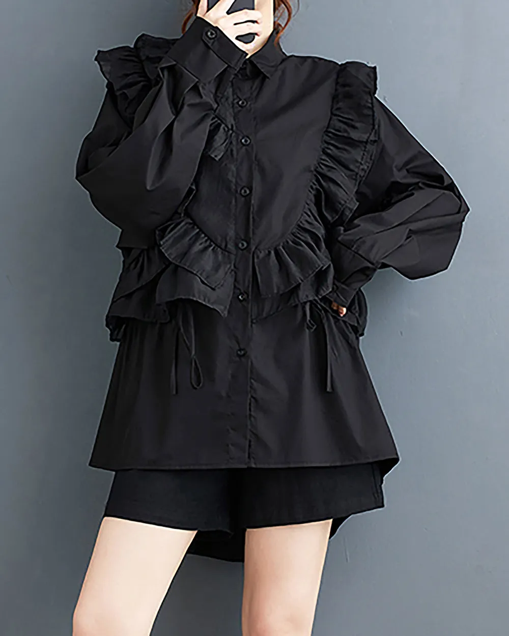 Women's Shirt Lapel Button Down Long Sleeve Flowy Hem Solid Color Lace Loose Oversize Fall GZ281