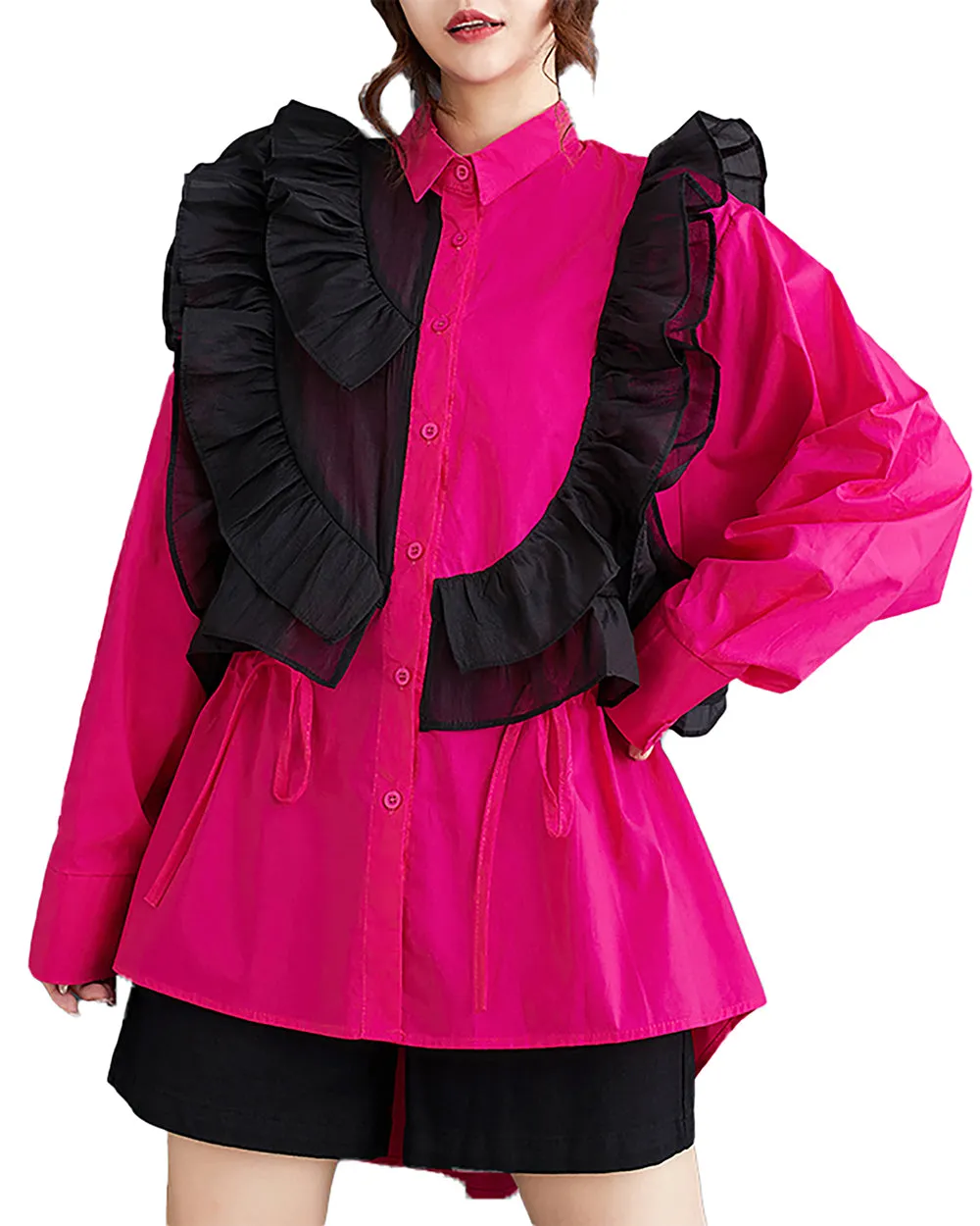 Women's Shirt Lapel Button Down Long Sleeve Flowy Hem Solid Color Lace Loose Oversize Fall GZ281