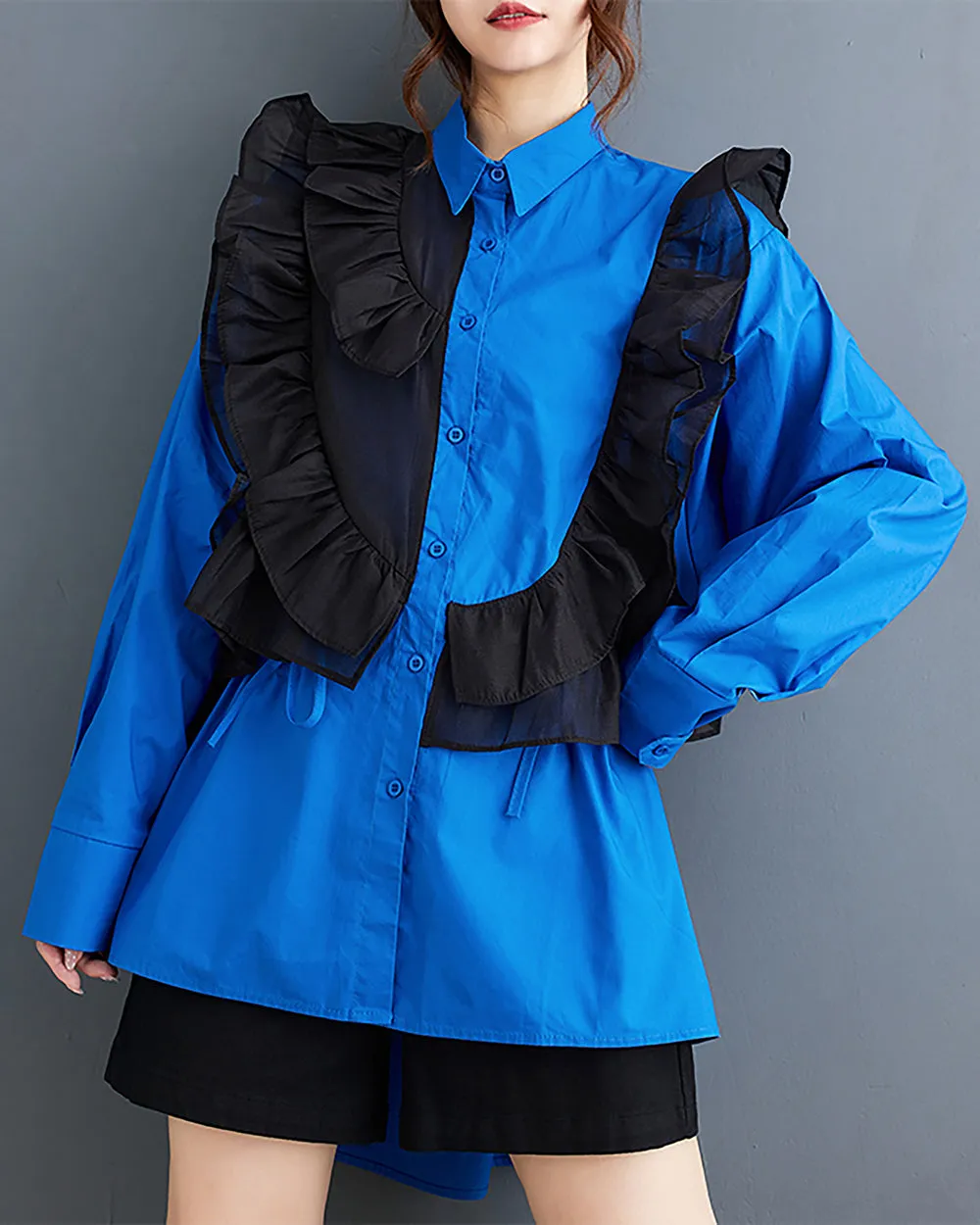 Women's Shirt Lapel Button Down Long Sleeve Flowy Hem Solid Color Lace Loose Oversize Fall GZ281