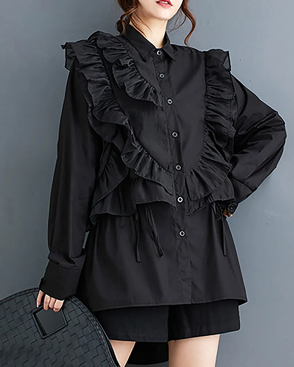 Women's Shirt Lapel Button Down Long Sleeve Flowy Hem Solid Color Lace Loose Oversize Fall GZ281