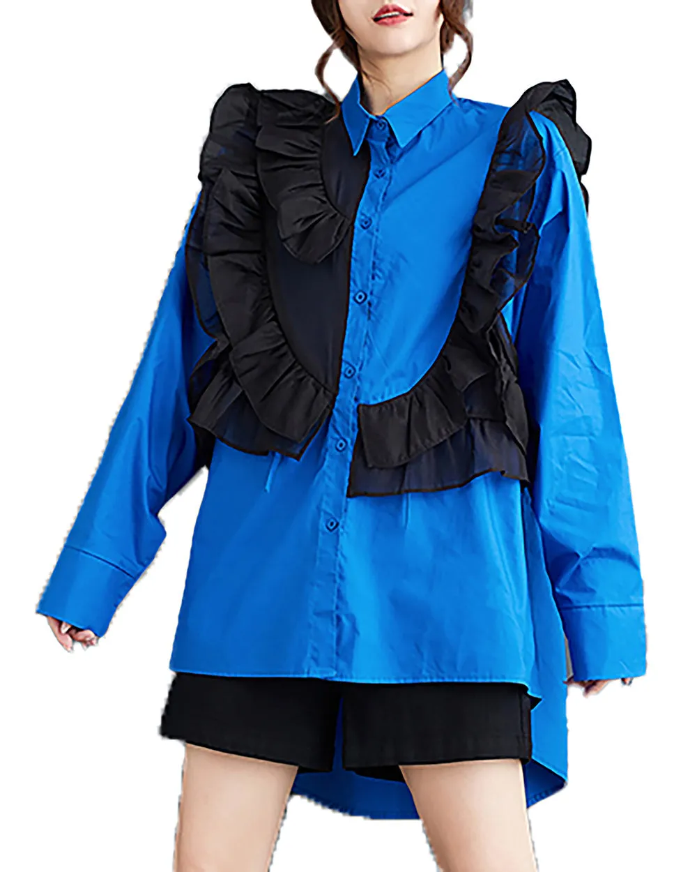 Women's Shirt Lapel Button Down Long Sleeve Flowy Hem Solid Color Lace Loose Oversize Fall GZ281